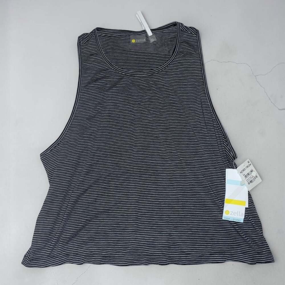 NWT Zella Yoga Tank Top Black Gray Stripe Boxy Oversized size Lg Women